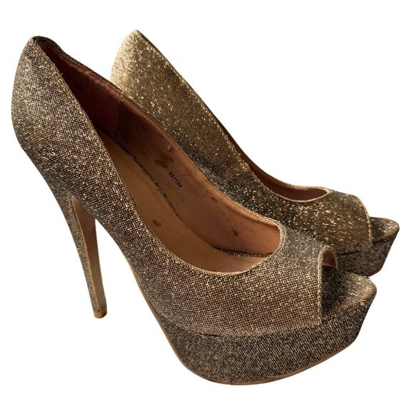 Charlotte Russe  Gold Glitter Peep Toes Platform High Heel Shoes  Size 8 - Picture 1 of 16